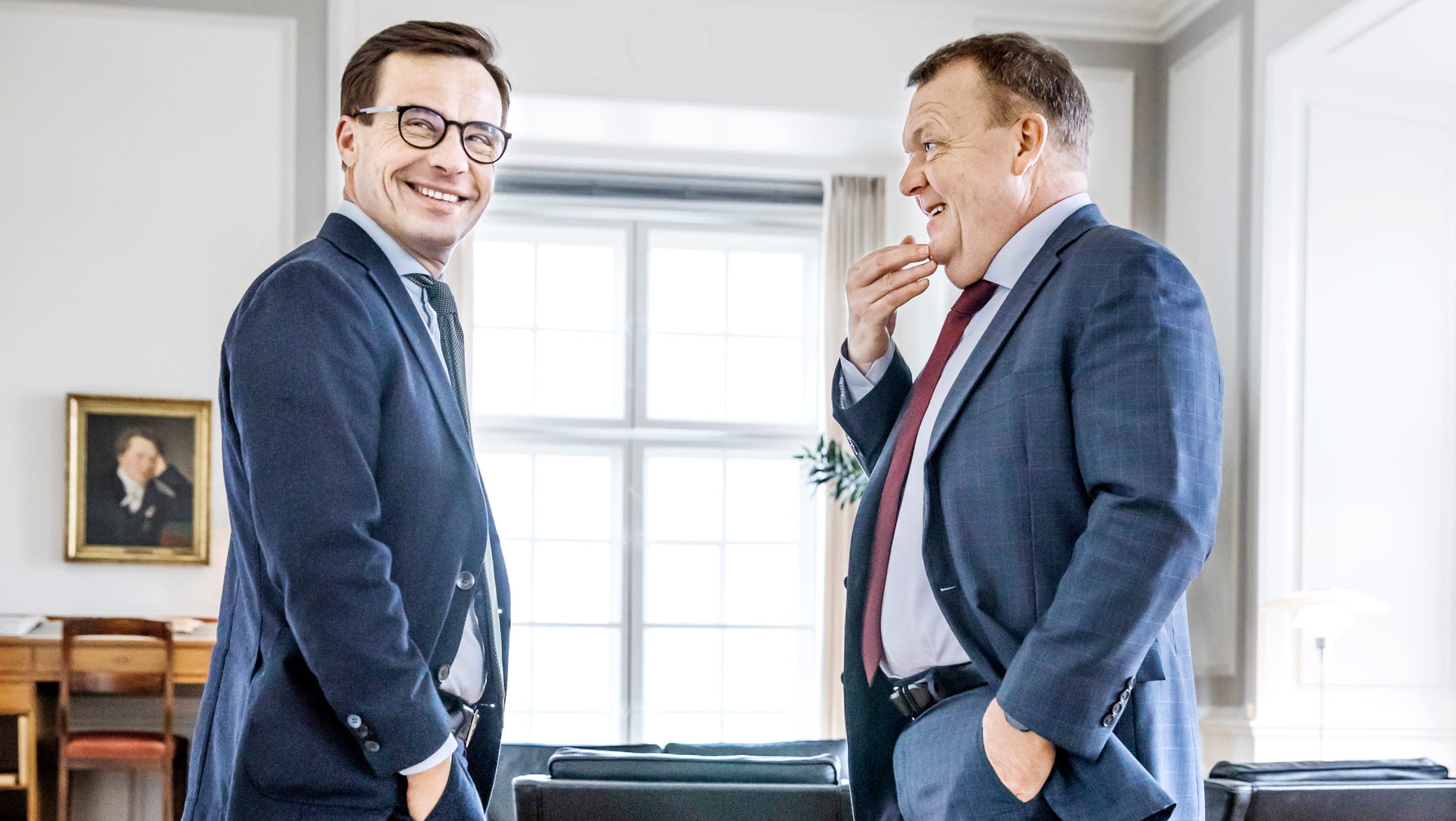 Moderatledaren Ulf Kristersson i första mötet med Danmarks statsminister Lars Løkke Rasmussen.