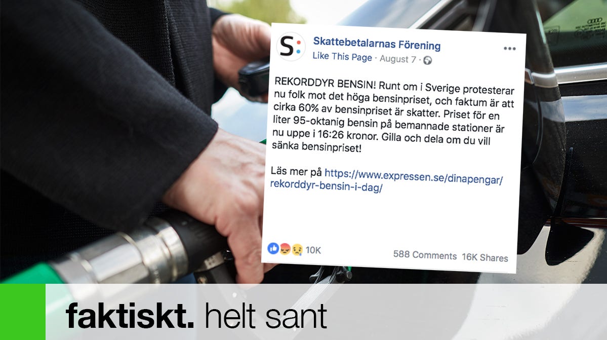 Det stämmer att riktpriset för en liter 95-oktanig bensin på bemannade stationer uppgick till 16,26 kronor när inlägget skrevs.