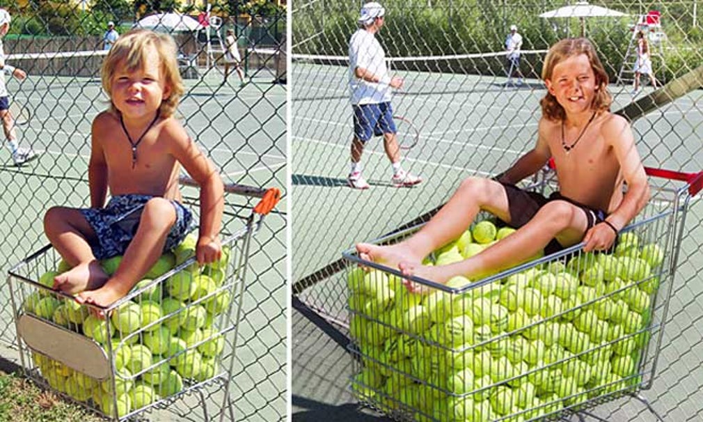 DÅ: I Marbella. Lancelot är bara tre år och har precis börjat spela tennis. NU: Lancelot fyllde tio i våras. Som elitsatsande tennisspelare tillbringar han 20 timmar i veckan på tennisbanan.