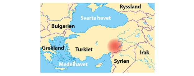 Jordbävningen skedde vid den röda pricken på kartan. När det här skrivs i slutet av februari har mer än 50 000 personer dött i Turkiet och Syrien. Mer än 100 000 har skadats.