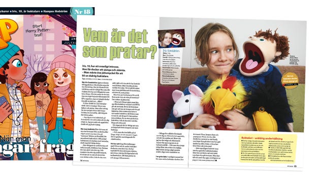 Förutom dockan Oliver har Iris en mus, en papegoja och en korp i sitt buktalar-gäng. Läs mer om dem i tidningen.