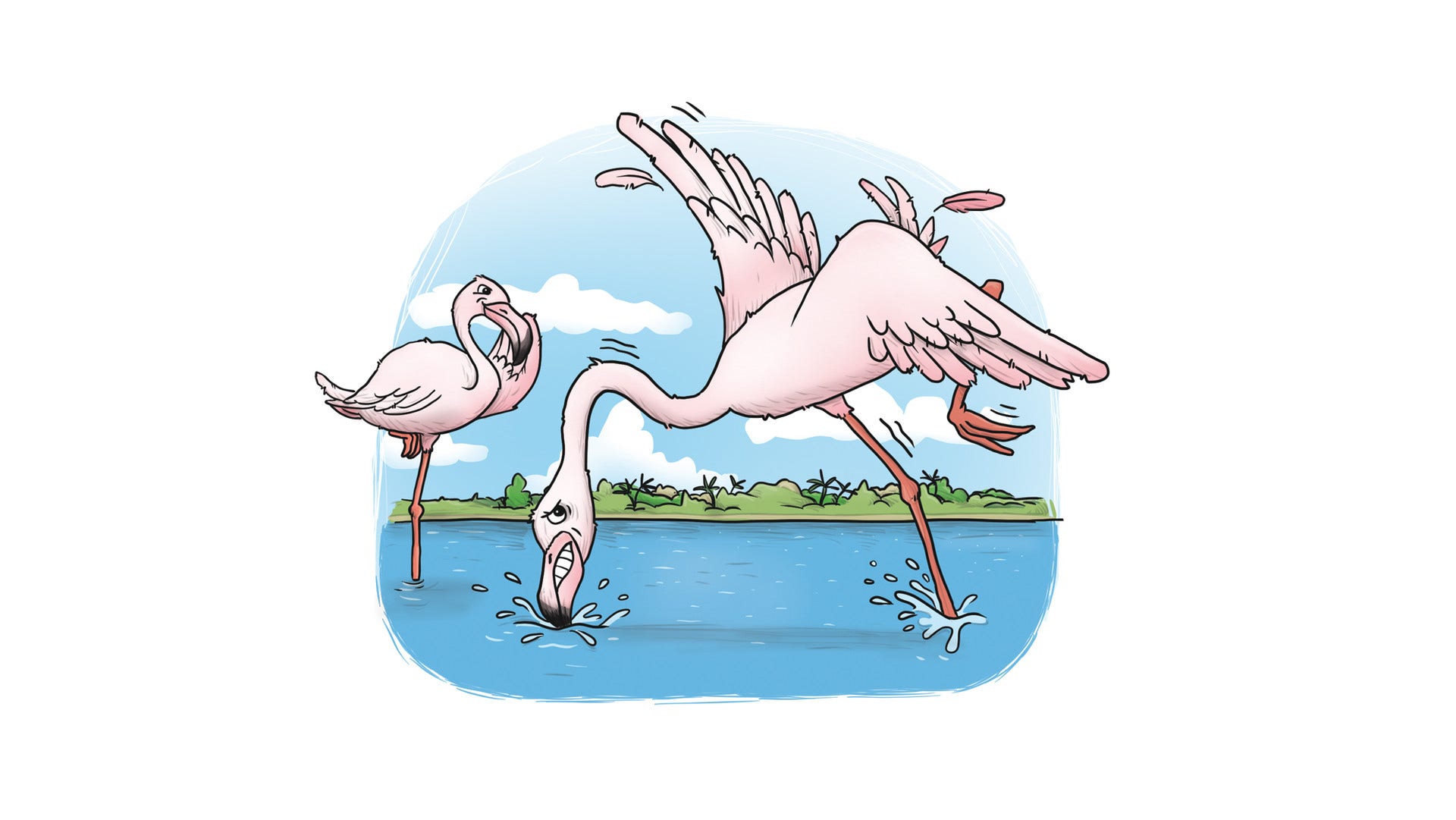 ”Minsta vindpust får mig att falla” skriver en flamingo med dålig balans.