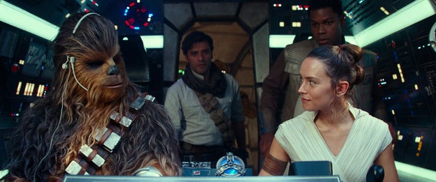 Chewbacca, Poe, Rey och Finn i Star wars: The rice of Skywalker