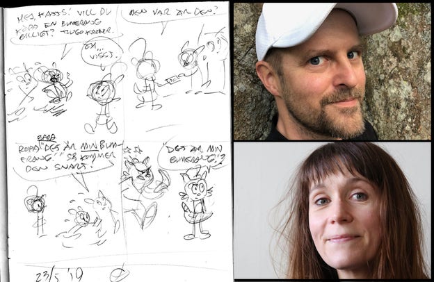 Första skissen är mest en idé, ett manus. Skriv texten först och rita sedan pratbubblan runt.