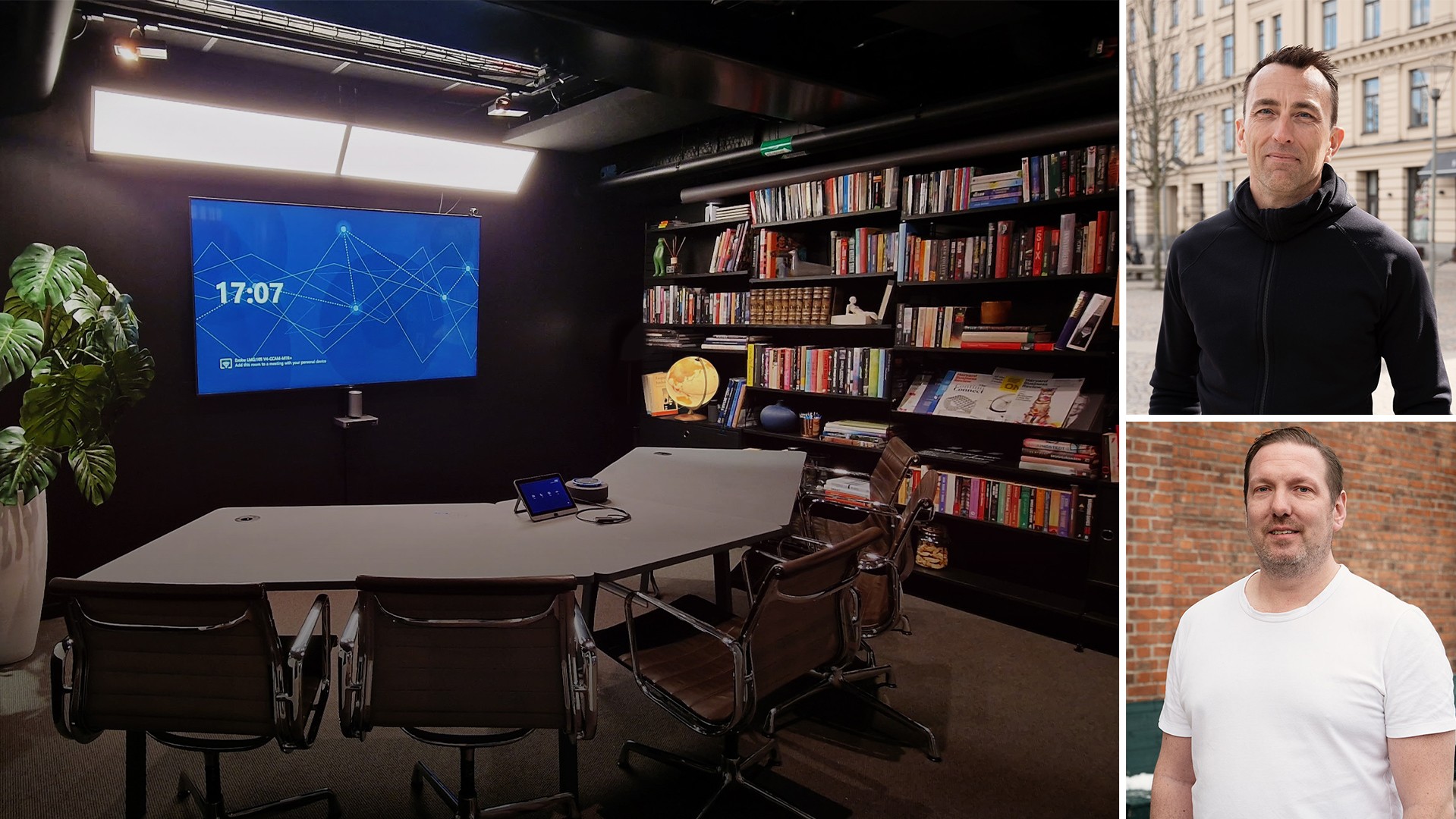 Ett sammanträdesrum hos Exobe för inkluderande möten kring ett ”Front Row Table”.
Anders Green, Cloud Security Advisor &amp; Partner på Exobe och Tommy Clarke, Cloud Productivity Expert &amp; Partner på Exobe.