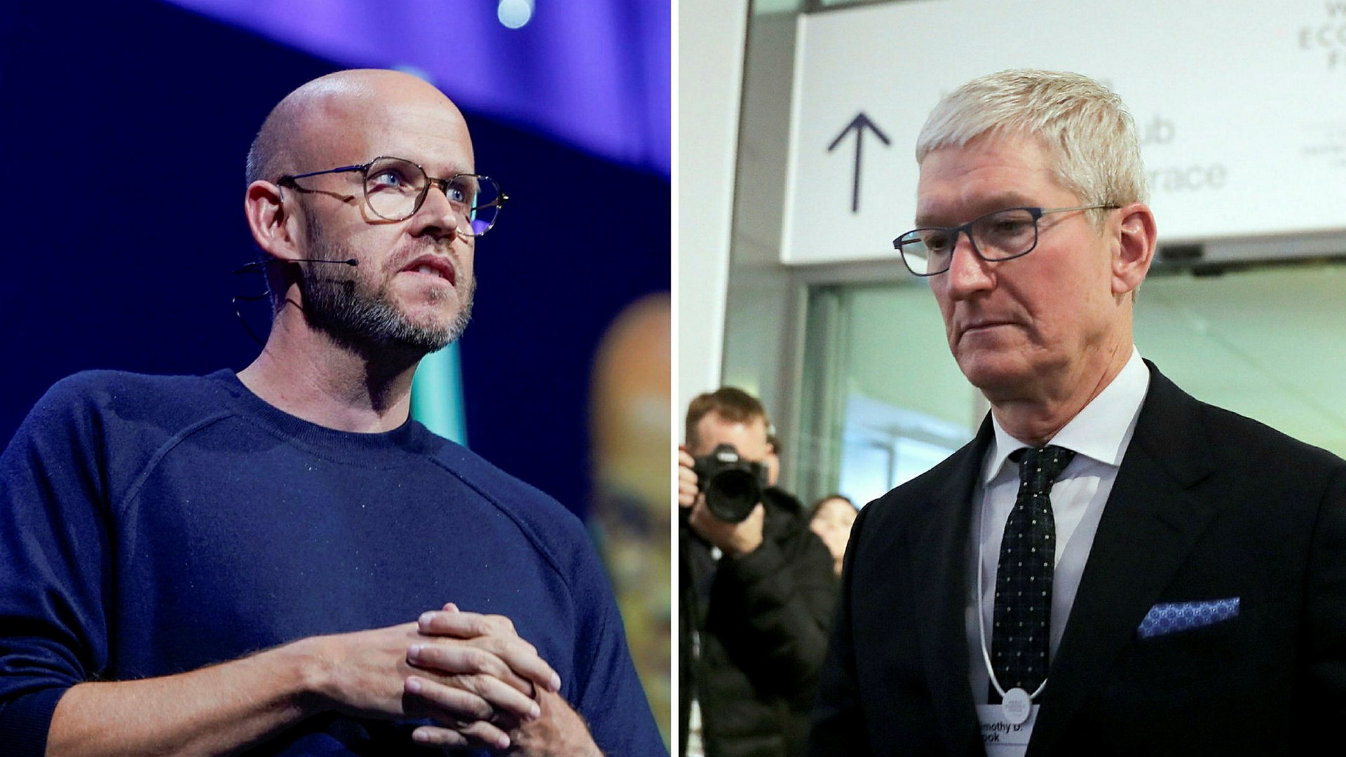 Rivaler i streamingeran: Spotifys vd Daniel Ek och Apples vd Tim Cook.