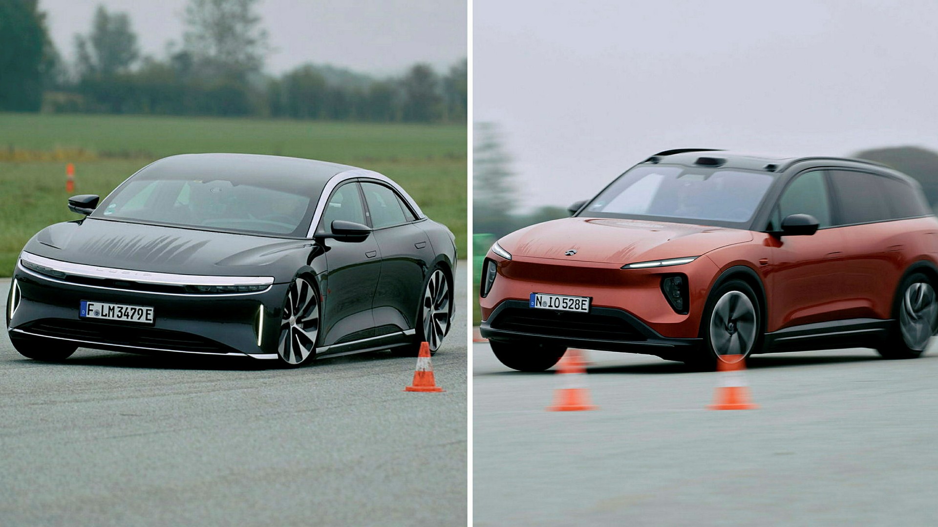 Lucid Air, till vänster, klarar sig bäst i undanmanövertestet. Inte lika bra gick det för Nio EL6, till höger.