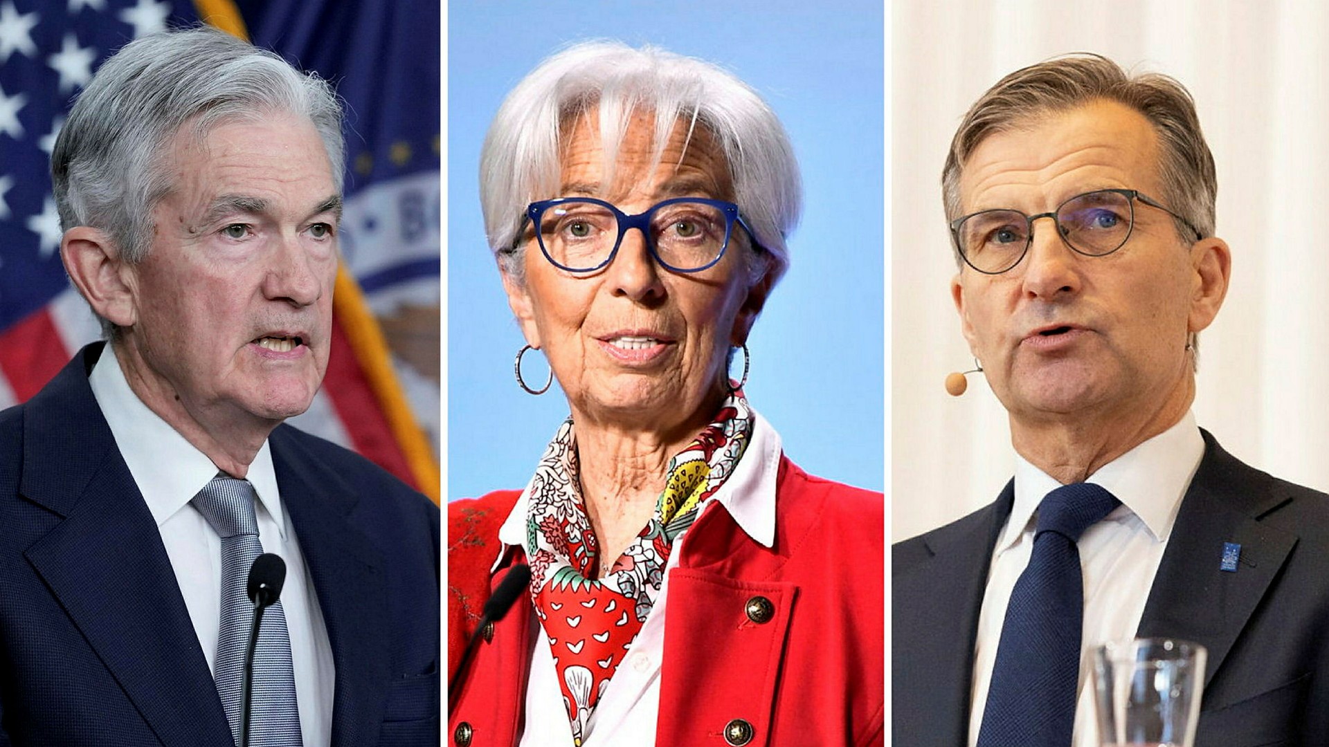Marknaden räknar med stora räntesänkningar från centralbankerna. På bilden från vänster: Fed:s Jerome Powell, ECB:s Christine Lagarde och Riksbankens Erik Thedéen.