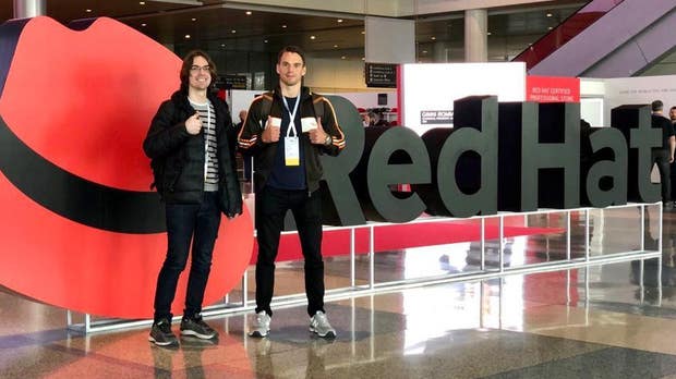 Grundarna vid Red Hat Summit 2019 i Boston. Hela 10 000 såg deras presentation på plats, och 200 000 följde den via live-stream.