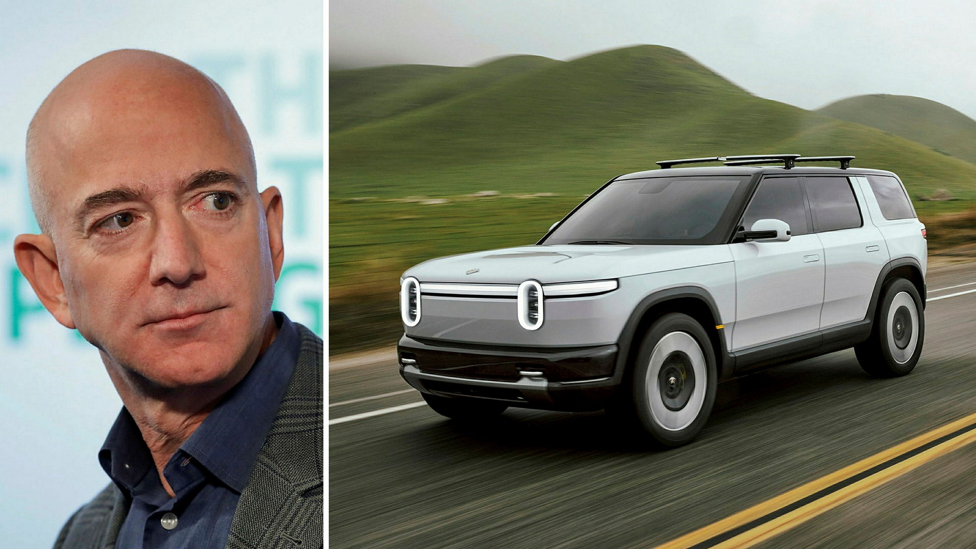 Till vänster: Amazon befinner sig på elbilstillverkarens ägarlista. Rivian har haft en skakig inledning sett ur ett kursperspektiv. I år har aktien backat omkring 40 procent. På bild syns en Rivian R2.