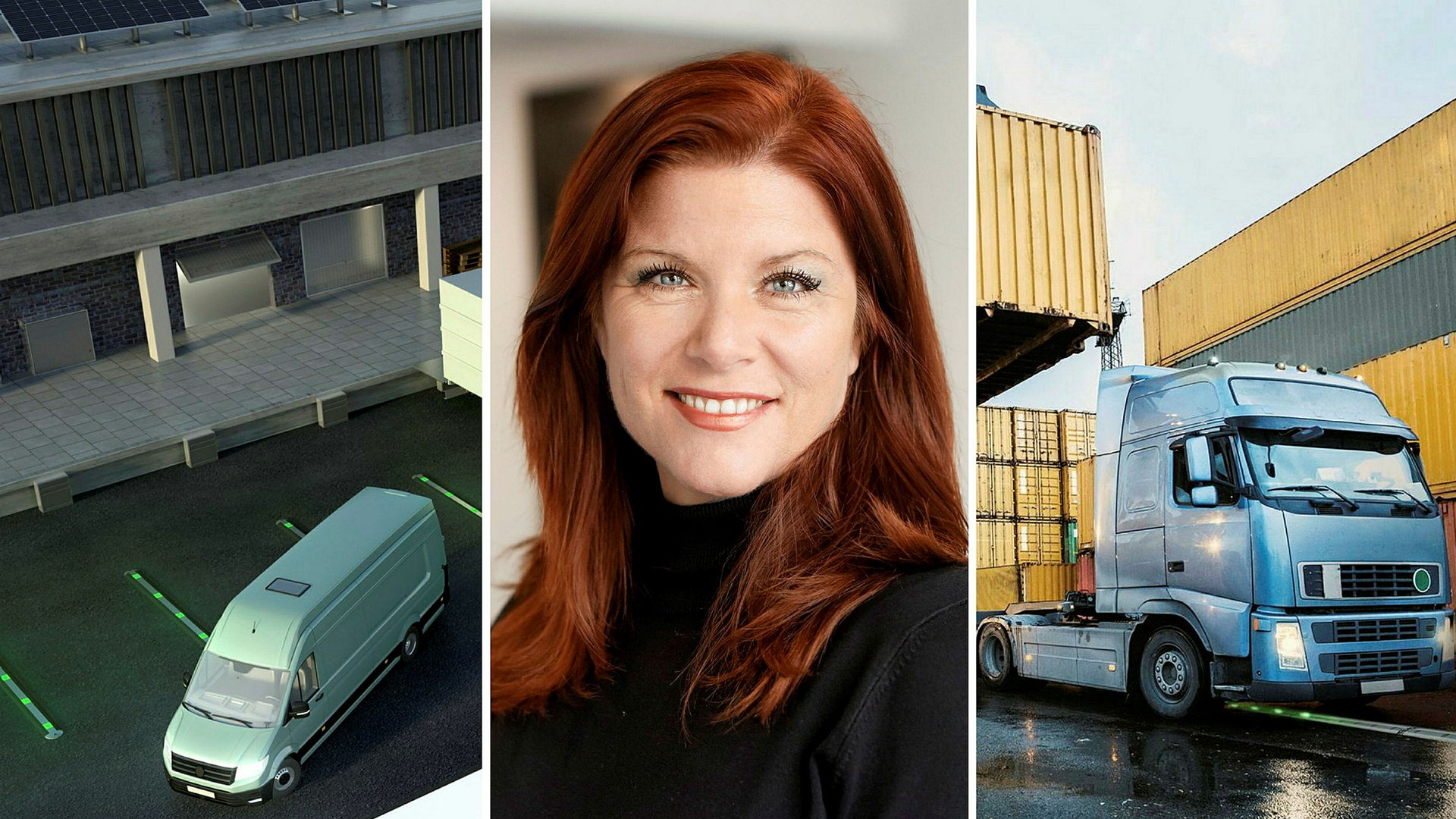 SKENANDE TILLVÄXT. Elonroads vd Karin Ebbinghaus, flankerad av illustrationer som visar hur bolagets laddskenor används för att automatiskt ladda transportfordon underifrån.