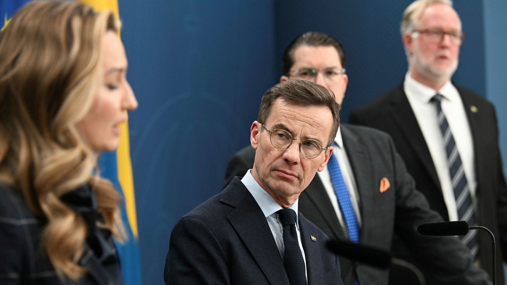 Statsminister Ulf Kristersson (M), näringsminister Ebba Busch (KD) och arbetsmarknads- och integrationsminister Johan Pehrson (L) samt Sverigedemokraternas partiledare Jimmie Åkesson (SD) under pressträff tidigare i år.
