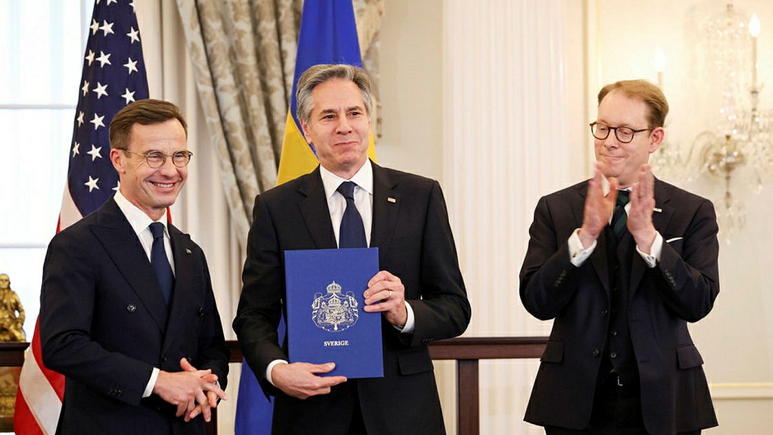 USA:s utrikesminister Antony Blinken och Sveriges statsminister Ulf Kristersson (M) samt utrikesminister Tobias Billström (M).