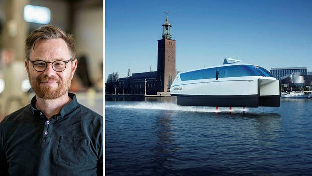 Candelas grundare och vd Gustav Hasselskog och passagerartrafik-färjan P-12 som bolaget nu utvecklar.
