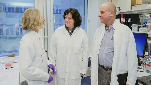 Gunilla Osswald, vd och Lars Lannfelt, grundare av Bioarctic, pratar med Eva Nordström (längst till vänster) i labbet