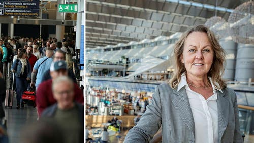 Charlotte Ljunggren, marknads- och försäljningschef och tillförordnad flygplatschef. Till vänster: Köer på Arlanda i juni.
