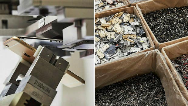Till vänster, Daisys första moment där skärmen separeras från resten av telefonen. Till höger, resterna – väl sorterade och redo att skickas vidare för återvinning.
