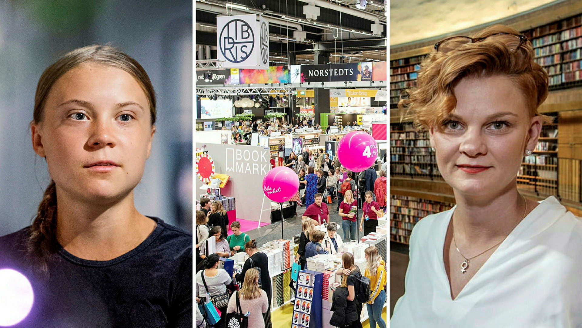 Bokmässans vd Frida Edman (t h) och klimataktivisten Greta Thunberg (t v) som är en av deltagarna på årets mässa.