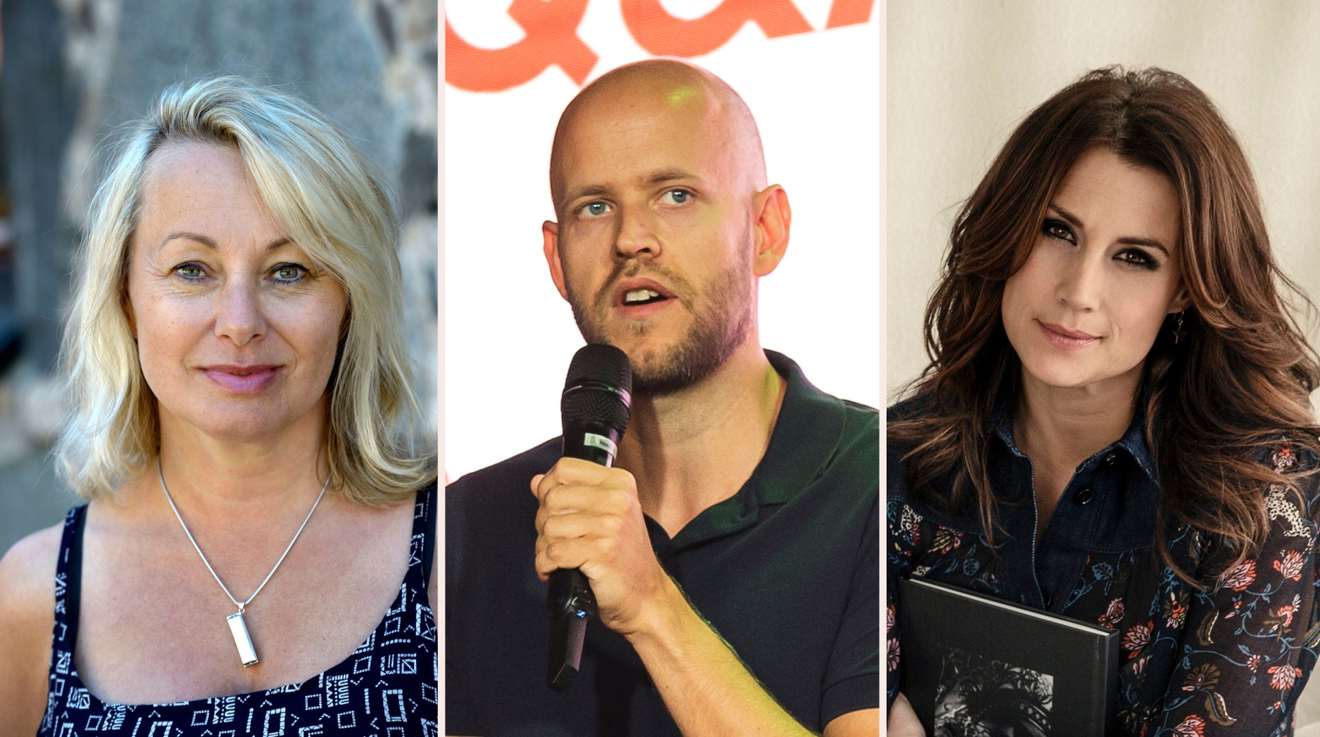 Från vänster: Artisterna Louise Hoffsten och Jill Johnson, samt Spotifys vd Daniel Ek i mitten.