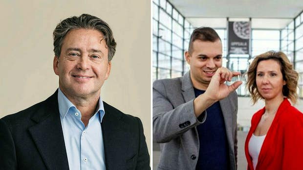 Till vänster Industrifondens vd Peter Wolpert. Till höger Peafowl Plasmonics grundare Jacinto Sá och Cristina Paun, vars genomskinliga solceller lockat både Industrifonden och Wallenbergsfärens Navigare Ventures.