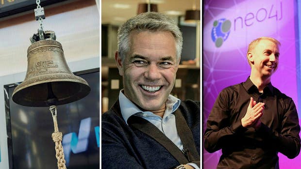 Börsklockan på Nasdaq Stockholm, Ola Rollén och Neo4j:s vd och grundare Emil Eifrém.