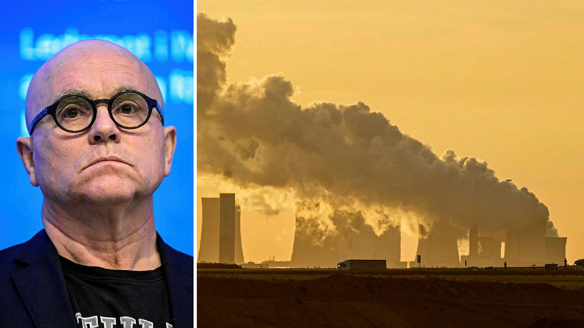 Svenska professorn John Hassler och ett kolkraftverk i tyska Luetzerath 2021.