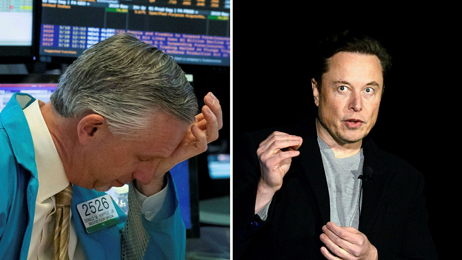 Elon Musk (till höger) köper Twitter. Var det toppsignalen? frågan sig strategen Nick Colas. Till vänster syns en aktiemäklare på New York-börsen